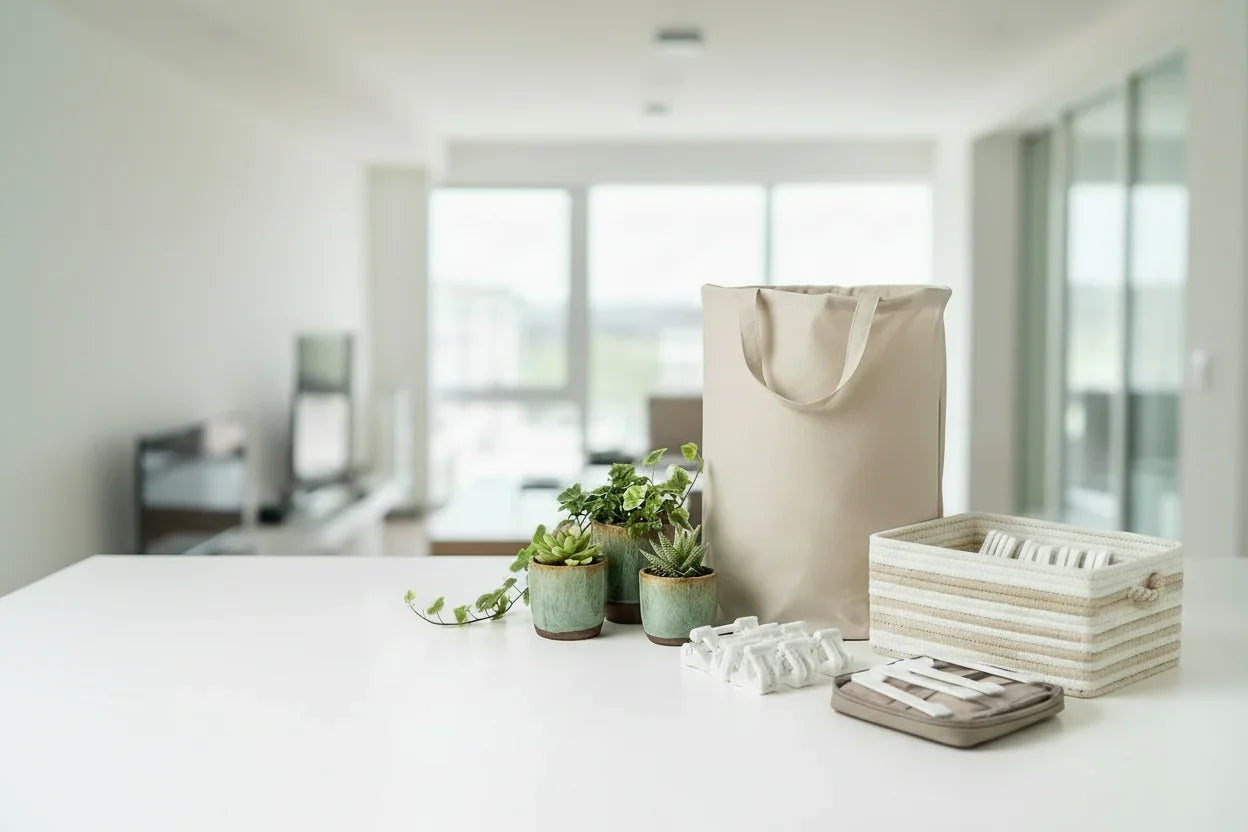 Reusable beige tote bag, small potted plants, and storage baskets on a modern white table