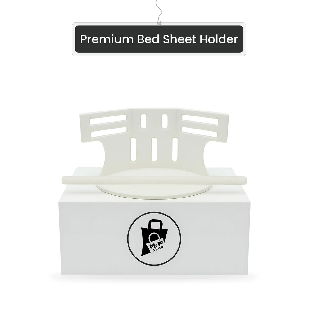 Premium bed sheet holder, white plastic clamp on product display box