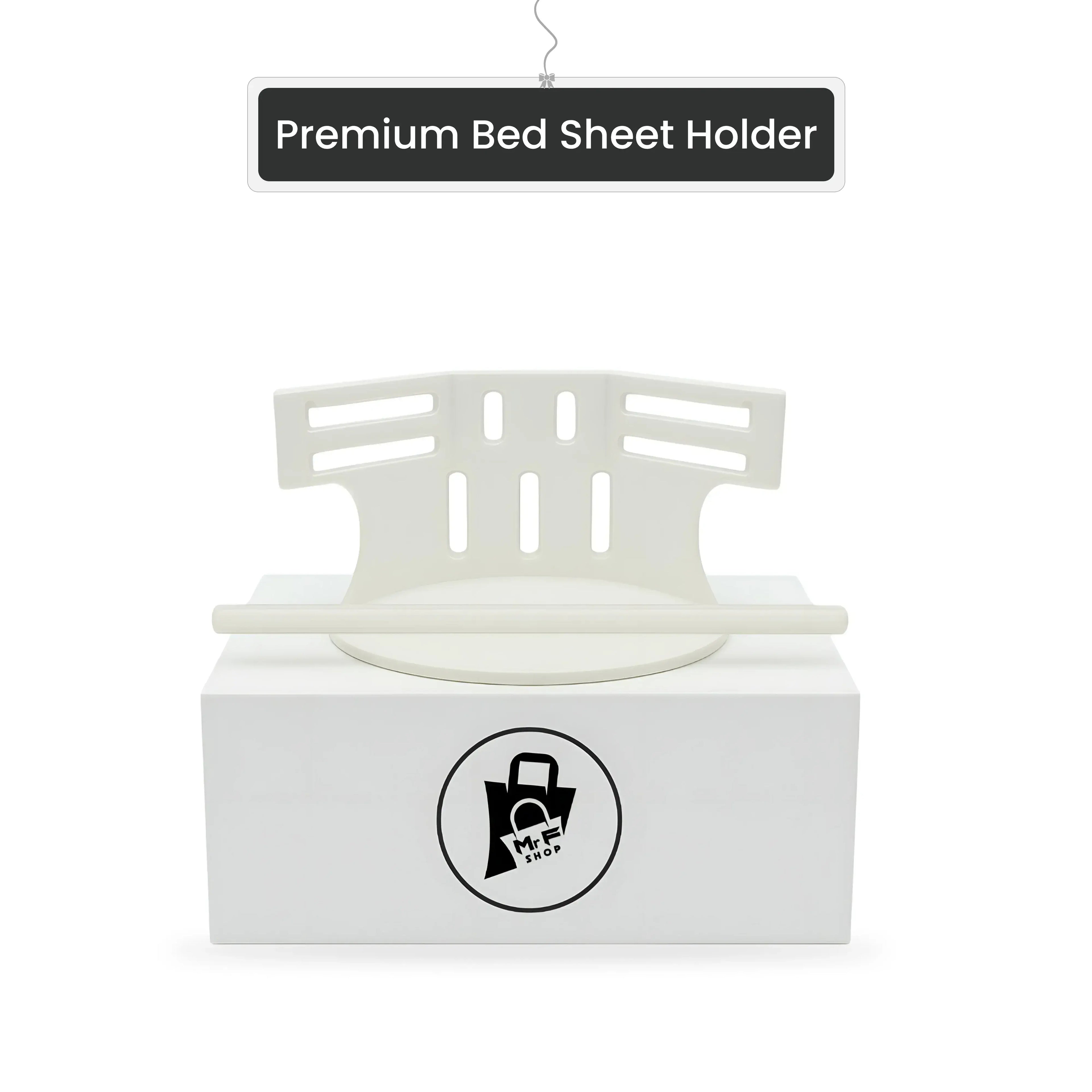 Premium bed sheet holder, white plastic clamp on product display box