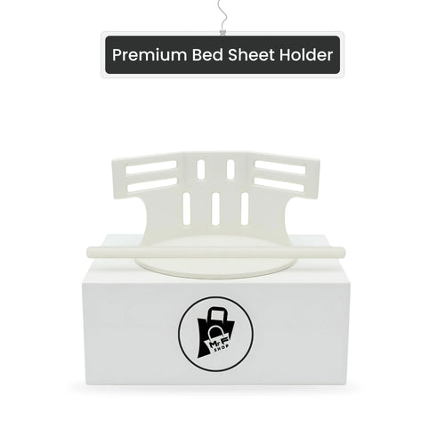 Premium bed sheet holder, white plastic clamp on product display box