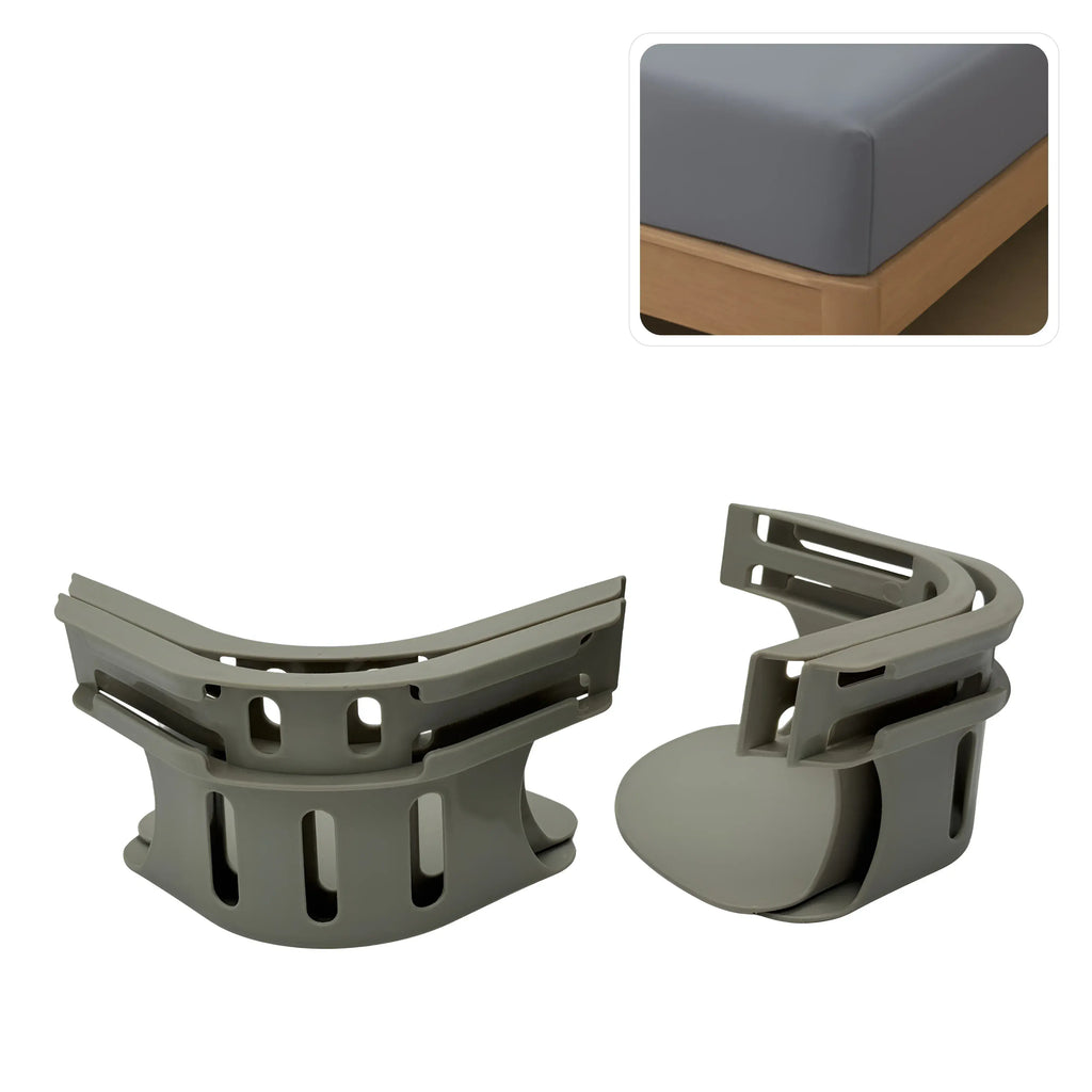 Plastic grey bed sheet corner holders with example of fitted sheet on bed