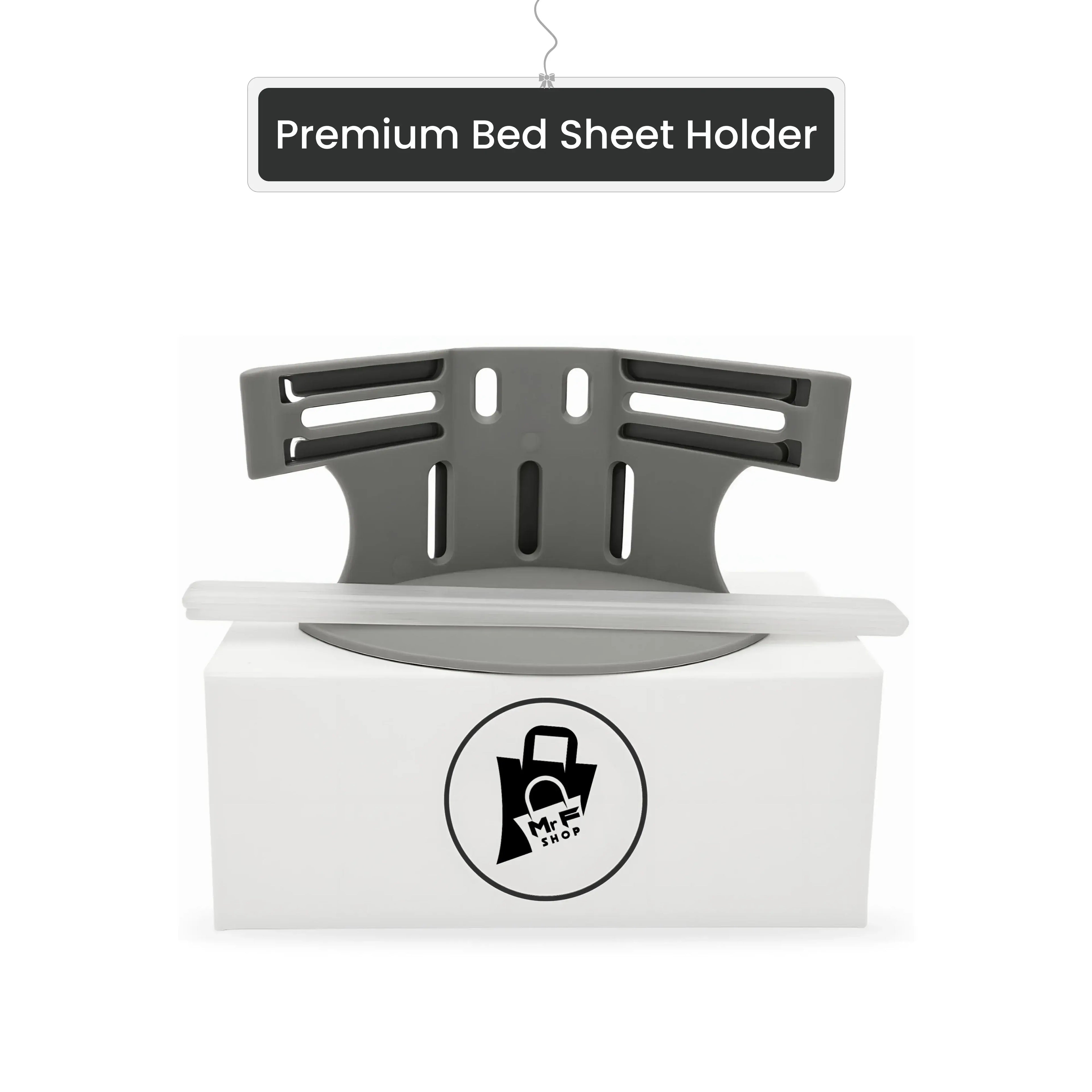 Premium bed sheet holder in gray on display box, bedding accessory product image.