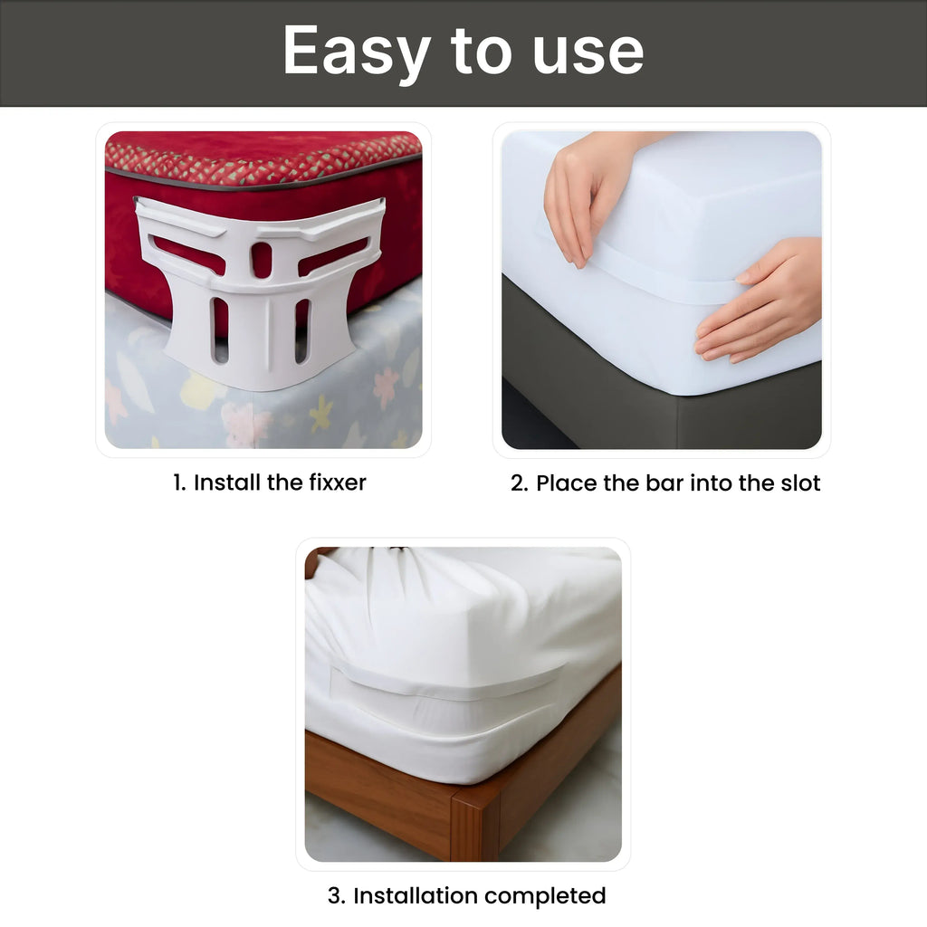 Step-by-step bed sheet tightening tool installation on mattress, hands demonstrating usage.
