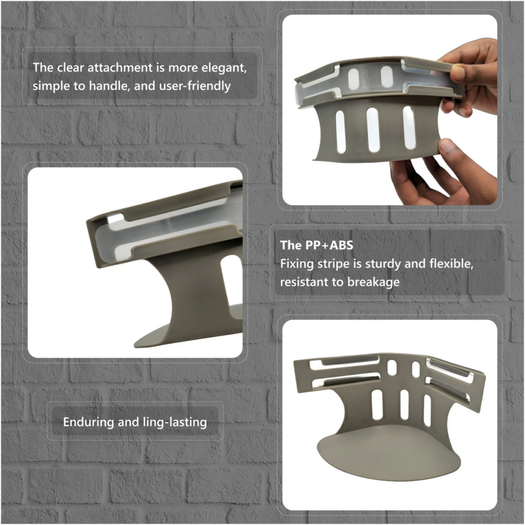 Gray plastic wall-mounted shelf with slotted design, shown in multiple angles and held by hands.