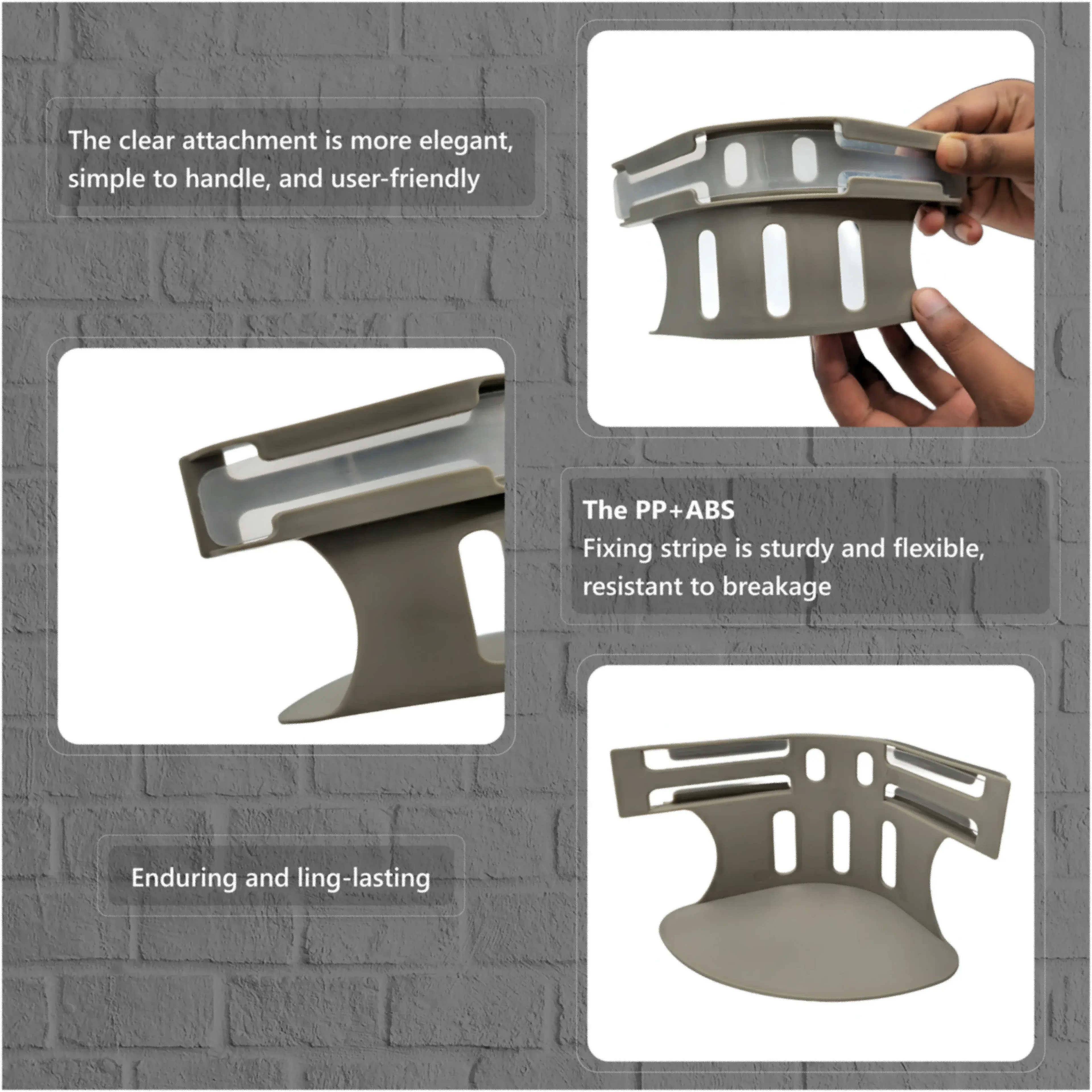 Gray plastic wall-mounted shelf with slotted design, shown in multiple angles and held by hands.